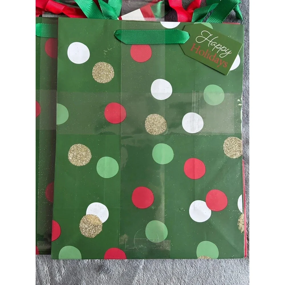 Set of 10 Christmas Gift Bags Red Green Polka Dot Holiday Bags 9.5”